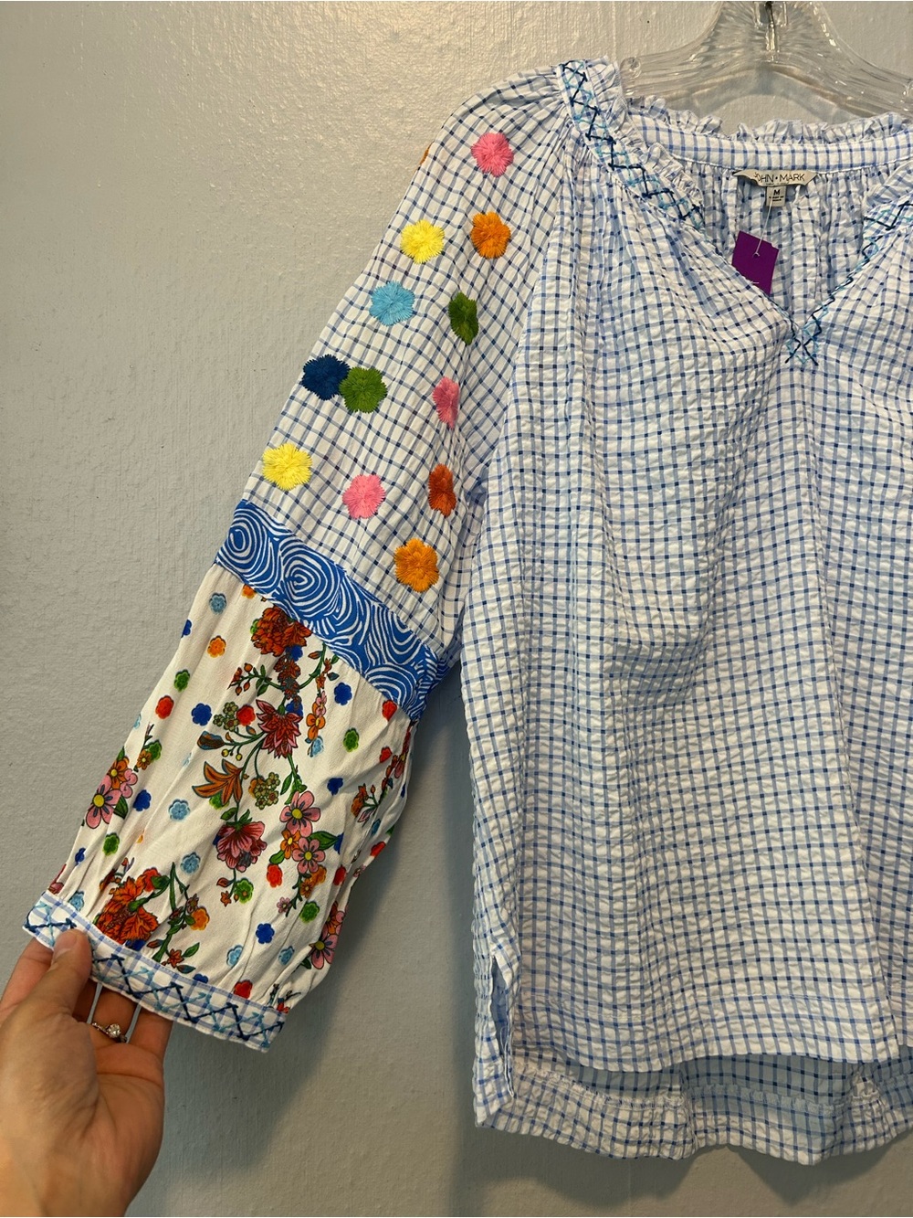 John Mark Blue Checked Peasant Blouse with Multicolor Embroidered Sleeves - Picture 4 of 7